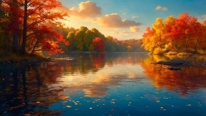 Wall Mural - A serene autumn scene in vibrant colors. Warm orange, red and yellow forest trees foliage fall season sunset illustration.	