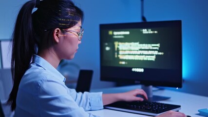 Concentrated young developer writing code in office at night for future technology