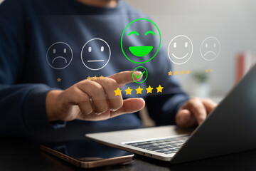 Canvas Print - Experience excellent customer service, User give five star rating on online application, Positive feedback, Happy, Smiley face icon. Customer Reviews in Digital Survey, Satisfaction.
