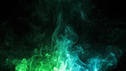 Wall Mural - A seamlessly looping video displaying vibrant green and cyan plasma particles rising and dissipating within a dark, energetic field slow motion, science, fluid