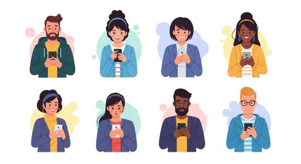 A diverse collection of illustrated characters engaged with mobile devices, representing modern digital communication and social networking