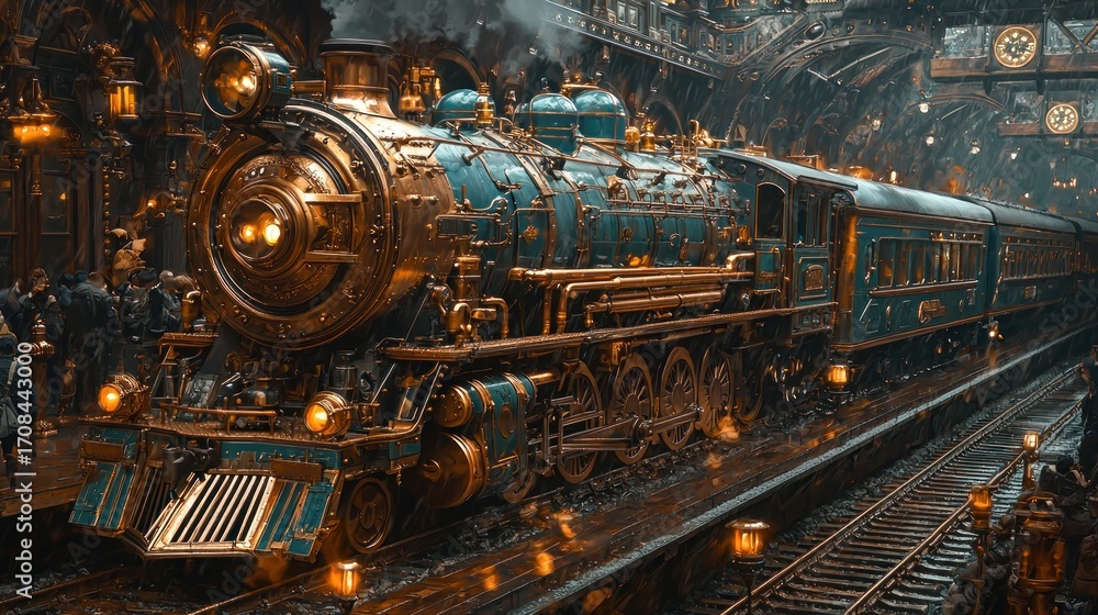 Ornate steampunk train at a station. Stock Illustration | Adobe Stock