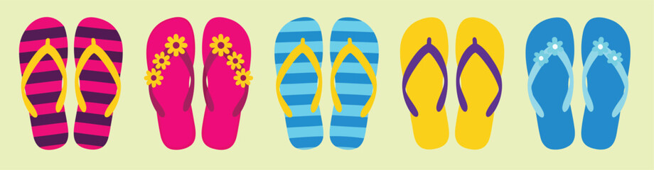 A vector set of colorful summer flip flops with various patterns a flat design icon collection of beach sandals flip flops with stripes and flowers for vacation, travel and leisure concepts