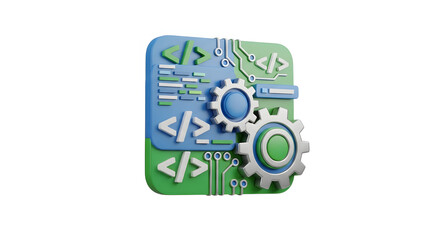 3d rendering of coding and gears, representing software development and engineering isolated on white background