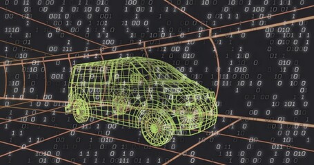 Wall Mural - Rotating green wireframe van gliding through orange grid tunnel, with floating white binary digits
