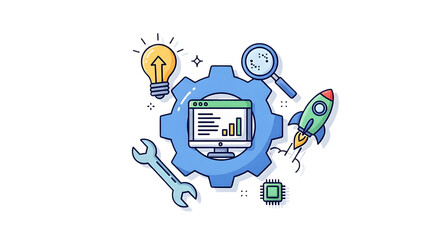 Flat design illustration of gears, computer, lightbulb, rocket, and tools, isolated on white background