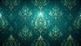 Ornate teal wallpaper with repeating floral patterns and a soft, glowing center