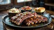 © NATALIIA - Hickory smoked ribs with barbecue sauce glaze served on dark plate with coleslaw, baked beans and cornbread on rustic wooden table