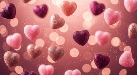 Sparkling heart shapes floating against a soft bokeh background