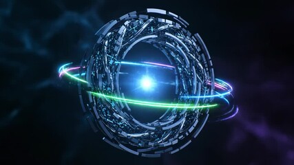 Wall Mural - A seamlessly looping video featuring a cybernetic data ring with vibrant light trails swiftly circling its core global, energy, abstract