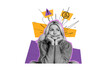 © deagreez - Creative collage mature woman sit thoughtful face expression emoticon sad upset unhappy worried caution stressed colored background