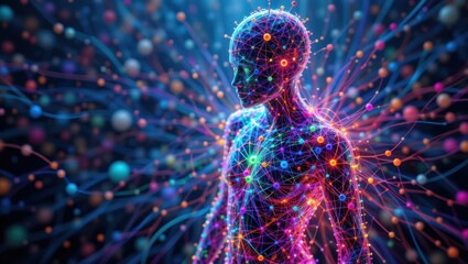 Wall Mural - Abstract Human Silhouette Surrounded by Colorful Neon Particles Representing Energy and Connection