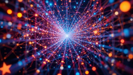 Wall Mural - Colorful Abstract Digital Network Visualization with Glowing Particles and Connected Lines