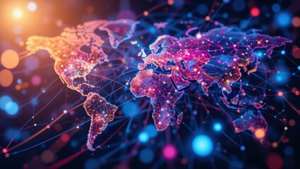 Wall Mural - Abstract Digital World Map Visualization with Colorful Connections and Glowing Network Lines