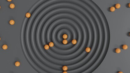 Top view of orange 3d spheres rolling in circular grooves across dark gray surface creates surreal abstract background with minimal futuristic conceptual design and motion