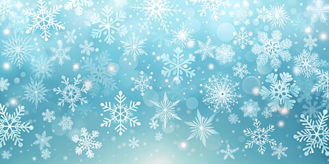 Soft focus blue background with falling snowflakes and bokeh lights