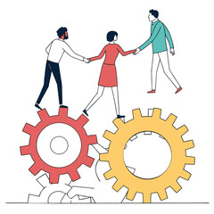 Dynamic teamwork illustration showing diverse people collaborating on gears for business success and innovation