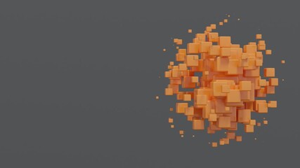Collection of orange 3d cubes with different sizes placed on dark gray surface creates surreal abstract background with minimal futuristic conceptual geometry design