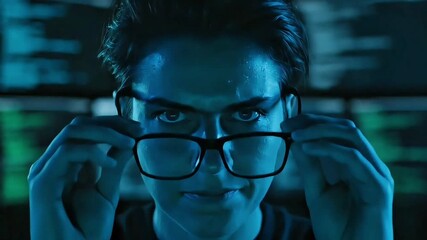 Close up of a person with glasses in blue lighting looking at computer screens in the background