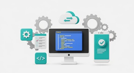 Streamlined cloud software development workflow with modern UI elements and seamless mobile app integration
