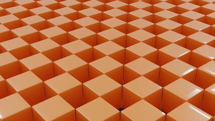 Orange 3d cubes aligned in rows and columns across dark gray surface form surreal abstract background with minimal conceptual futuristic design and moving geometry