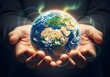 © Grzegorz Sulkowski - Earth in Hands: Human hands holding a glowing planet Earth with the Northern Lights, symbolizing conservation, ecology, and global engagement