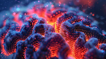 A stunning, futuristic macro shot of a human brain features glowing orange and blue geometric circuitry, symbolizing the complex intersection of human thought, digital intelligence, and artificial con