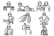 © Tanya - Elderly Therapy Icons. Line style icons of elderly physical therapy: stretching band, exercise mat, guided movement, seated leg