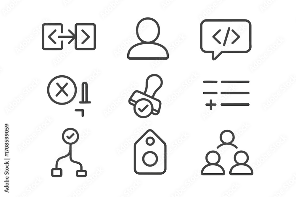 Code Review Icons. Line style icons of code review processes: pull ...