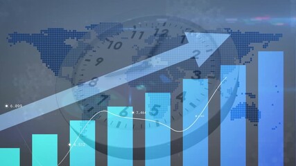 Wall Mural - Starting with clock floating on world map teal bars appearing arrow emerging graph showing growth