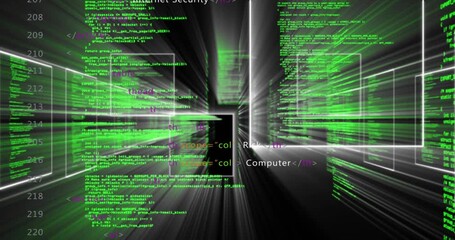 Code panels and green text appearing and zooming toward viewer, illustrating cyber security tunnel