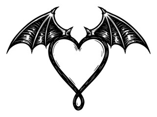 Wall Mural - love shape heart with devil bat wings black and white outline line art drawing engraving style