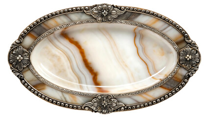 Antique ornate silver and agate serving platter isolated on transparent background