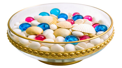Decorative bowl filled with seashells and colorful glass beads isolated on transparent background