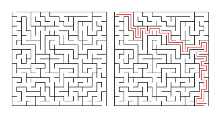 Maze design with highlighted solution path on white background  
