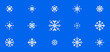 © Mariia - Pixel art snowflakes set on blue sky background. White geometric shapes, minimal mosaic pattern, crystals, ice, snow. Retro game 8 bit winter elements for nostalgic digital design, holiday decorations