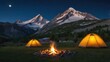 © Design Nest - Cozy camping under starry night sky with warm campfire and illuminated tents near majestic mountains