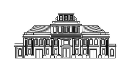 Detailed line art illustration of a grand neoclassical building