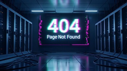 Server Room Displaying Error 404 Page Not Found with Glitch Effect and Cables