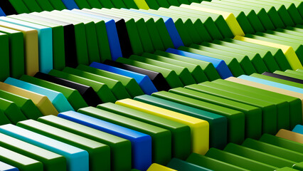 Dynamic arrangement of colorful dominoes creates abstract design