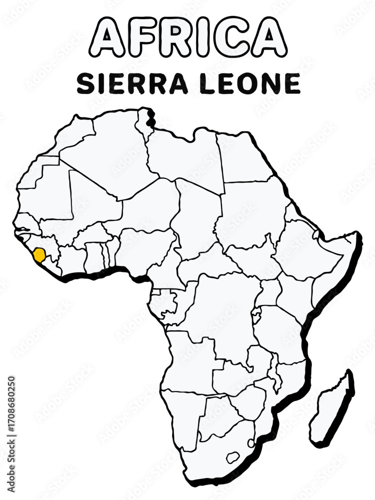 Sierra leone country in yellow highlighted map on africa continent map ...