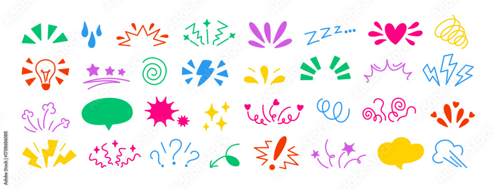 Comic doodle expression. Cartoon manga effect, speech bubble, lightning ...