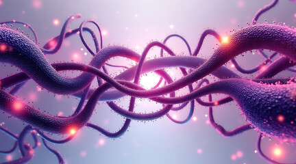 Digital abstract art showcasing interconnected purple strands with glowing particles, creating dynamic and futuristic atmosphere