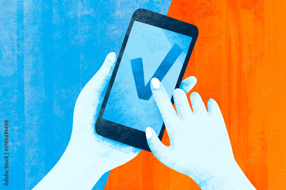 Hands using a smartphone to check off a task or approval Stock ...