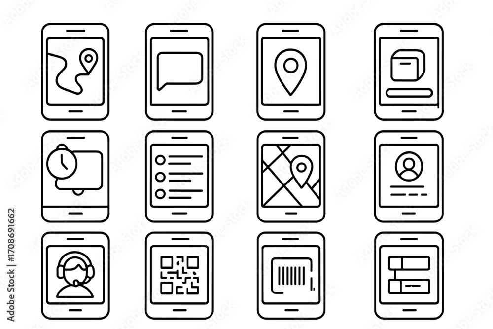 Mobile Tracking Icons. Line style icons of mobile tracking apps ...