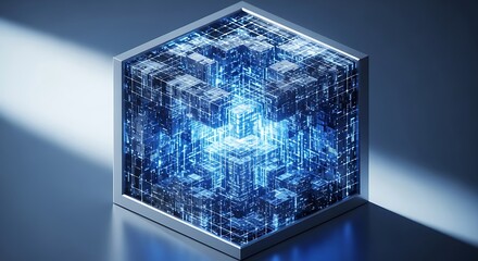 Abstract glowing cube with internal digital network
