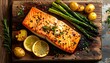 © dedy - Deliciously seasoned baked salmon fillet with fresh asparagus and roasted potatoes, a healthy gourmet meal served on a wooden board