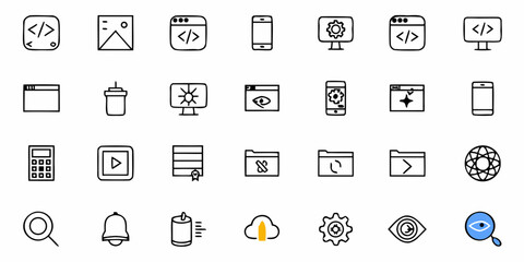 Modern digital technology icons featuring code, screens, devices, analytics, and networking for innovative web and app development projects