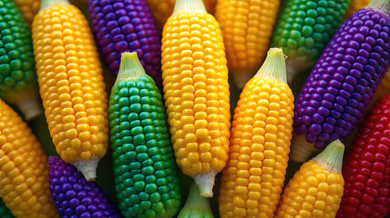 A beautiful arrangement of colorful mini corn cobs, displaying natural yellow, green, purple, and red hues. Fresh and vibrant harvest concept