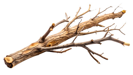 Dry tree branch with small twigs isolated on transparent background, showcasing its intricate texture and natural form for design elements